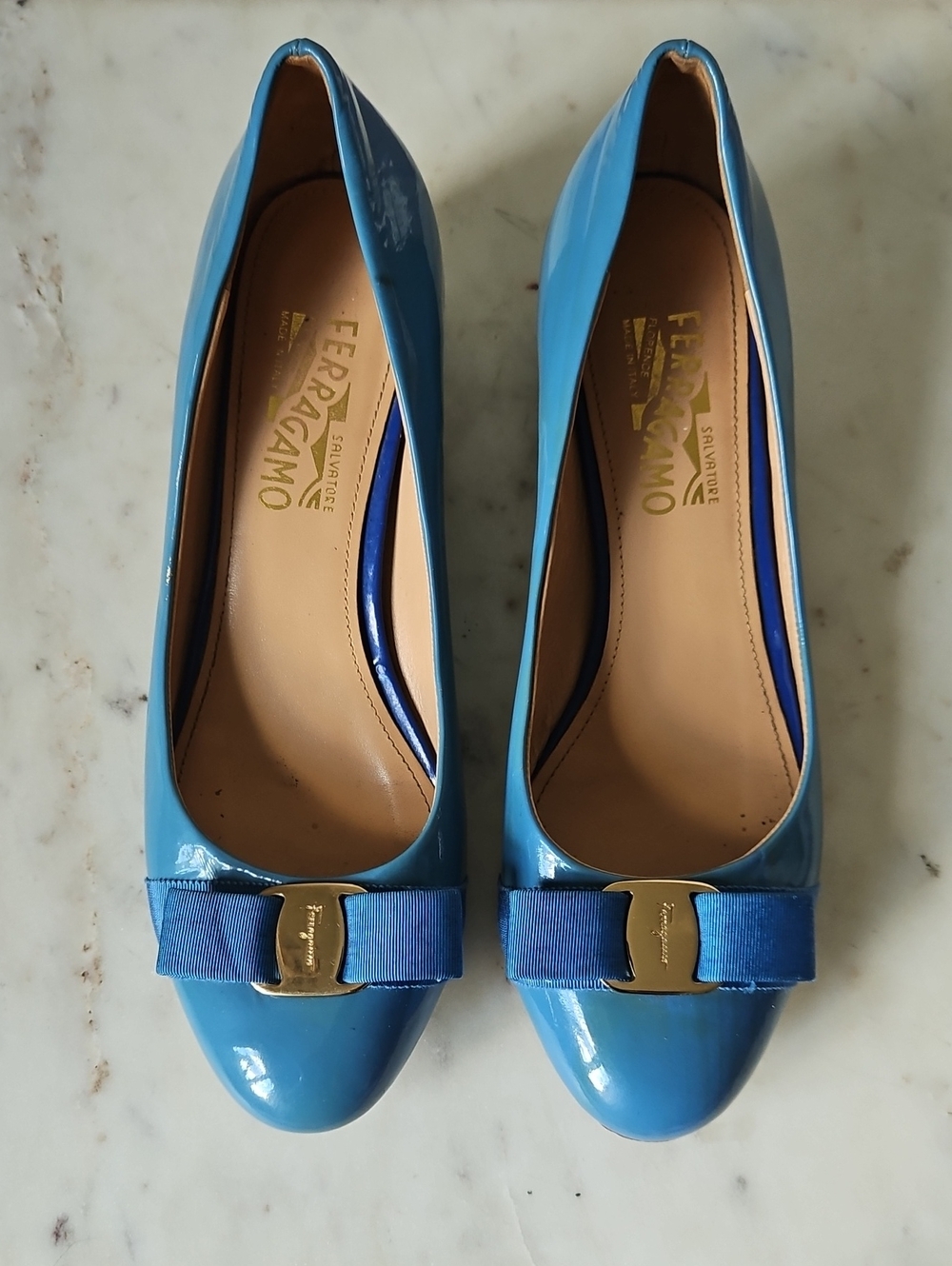 SALVATORE FERRAGAMO: Tiffany Blue Vara Bow Block Heels